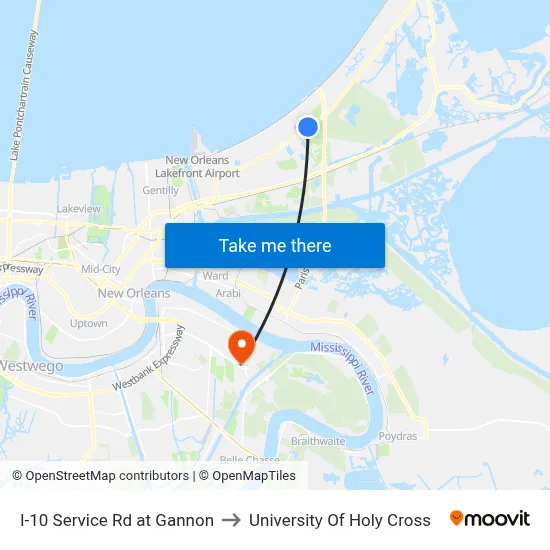 I-10 Service Rd at Gannon to University Of Holy Cross map