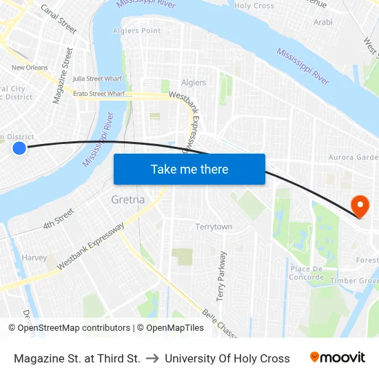 Magazine St. at Third St. to University Of Holy Cross map