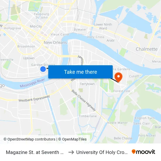 Magazine St. at Seventh St. to University Of Holy Cross map