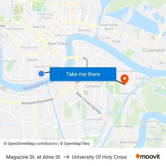 Magazine St. at Aline St. to University Of Holy Cross map
