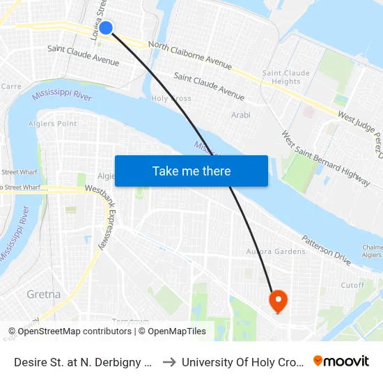Desire St. at N. Derbigny St. to University Of Holy Cross map