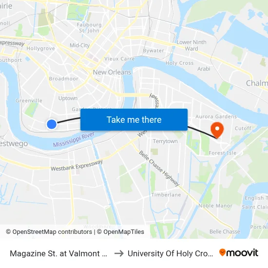 Magazine St. at Valmont St. to University Of Holy Cross map