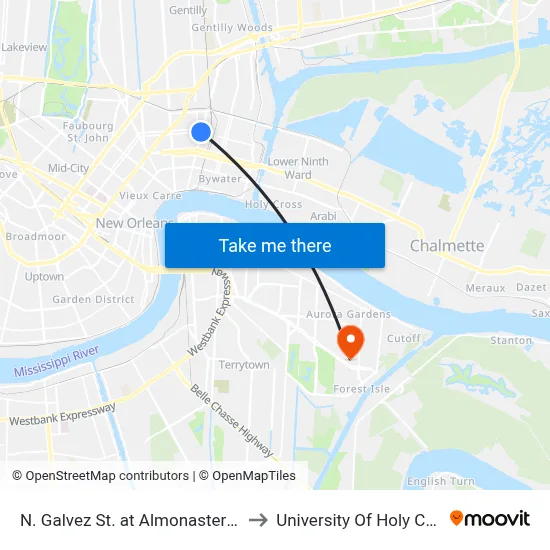 N. Galvez St. at Almonaster Ave. to University Of Holy Cross map