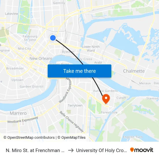 N. Miro St. at Frenchman St. to University Of Holy Cross map
