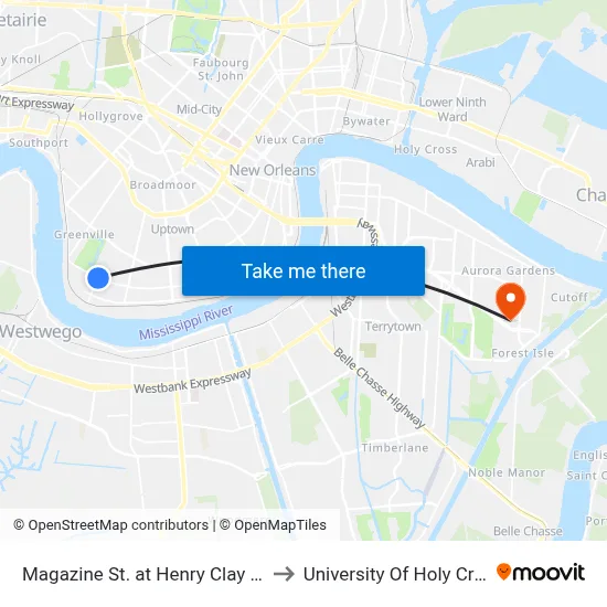 Magazine St. at Henry Clay Ave. to University Of Holy Cross map