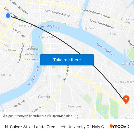 N. Galvez St. at Lafitte Greenway to University Of Holy Cross map