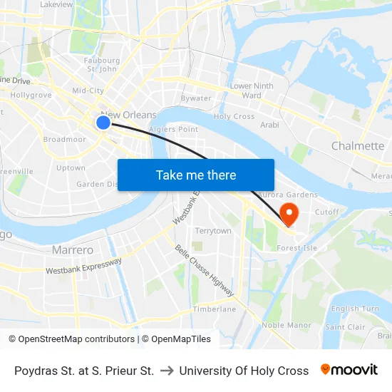 Poydras St. at S. Prieur St. to University Of Holy Cross map