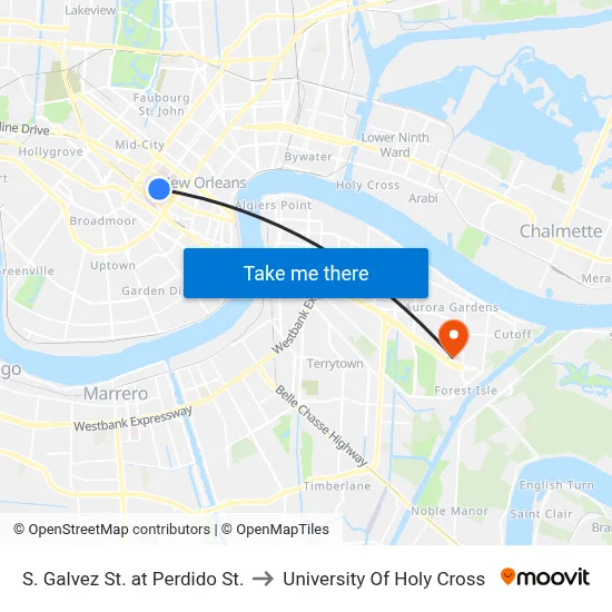 S. Galvez St. at Perdido St. to University Of Holy Cross map