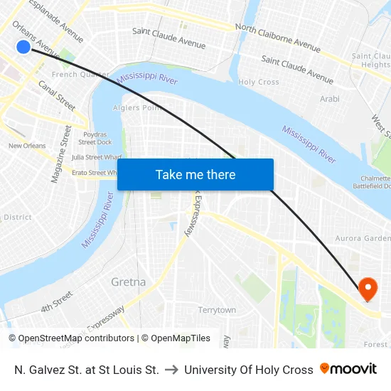 N. Galvez St. at St Louis St. to University Of Holy Cross map