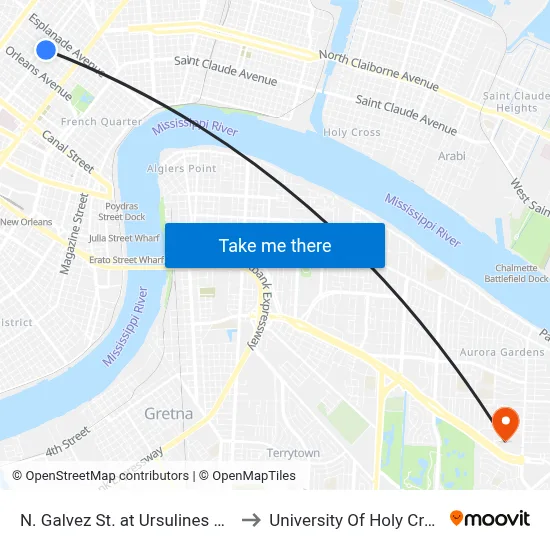 N. Galvez St. at Ursulines Ave. to University Of Holy Cross map