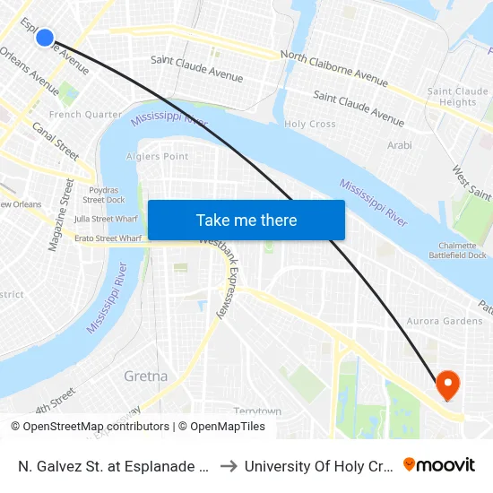N. Galvez St. at Esplanade Ave. to University Of Holy Cross map