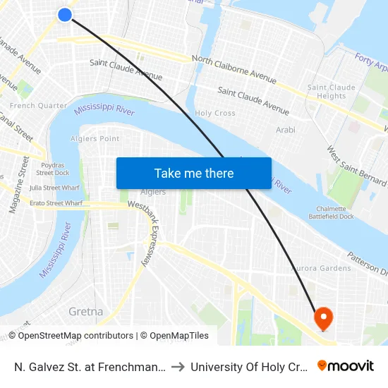 N. Galvez St. at Frenchman St. to University Of Holy Cross map