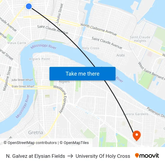 N. Galvez at Elysian Fields to University Of Holy Cross map