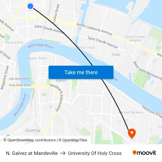 N. Galvez at Mandeville to University Of Holy Cross map