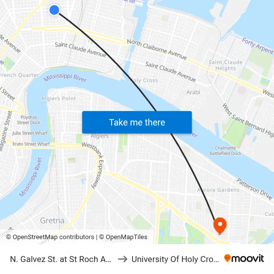 N. Galvez St. at St Roch Ave. to University Of Holy Cross map