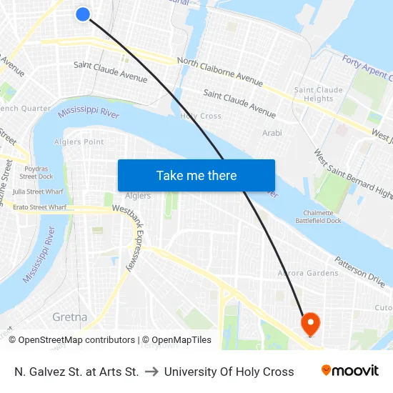 N. Galvez St. at Arts St. to University Of Holy Cross map