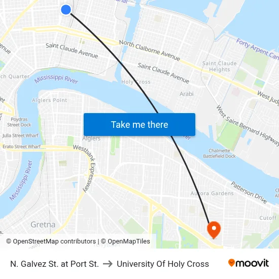 N. Galvez St. at Port St. to University Of Holy Cross map