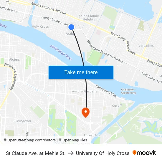 St Claude Ave. at Mehle St. to University Of Holy Cross map