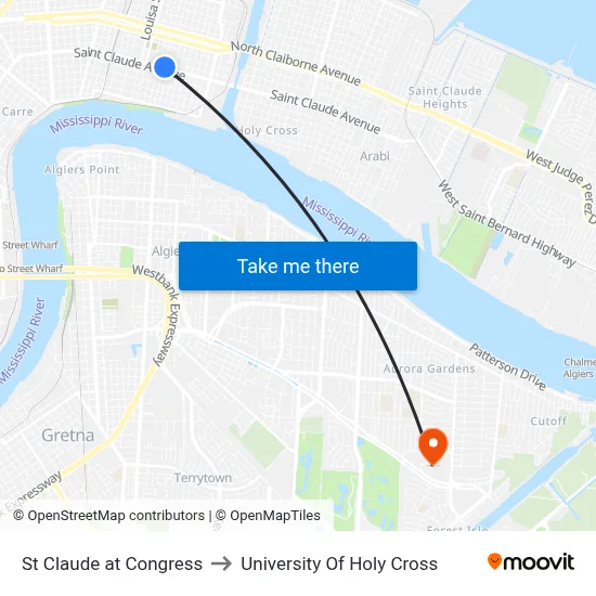 St Claude at Congress to University Of Holy Cross map