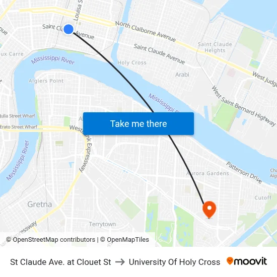 St Claude Ave. at Clouet St to University Of Holy Cross map