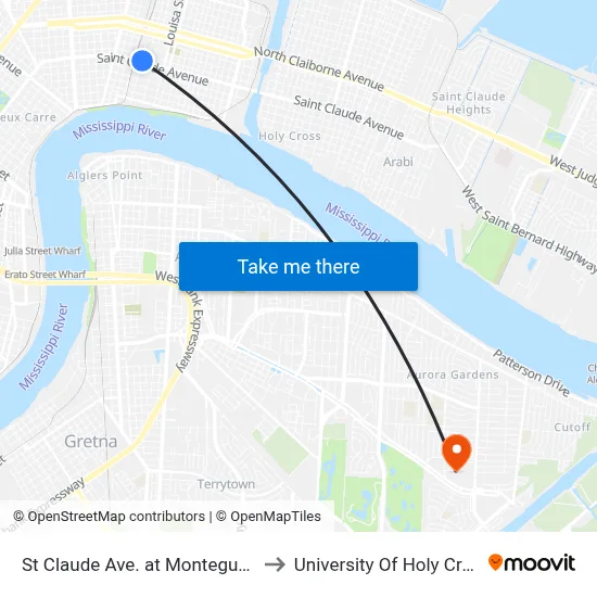 St Claude Ave. at Montegut St. to University Of Holy Cross map