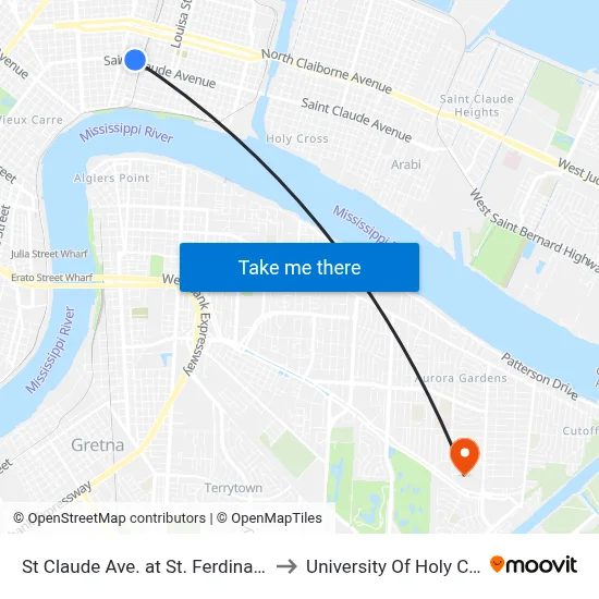 St Claude Ave. at St. Ferdinand St. to University Of Holy Cross map