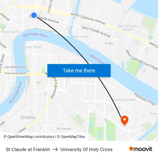 St Claude at Franklin to University Of Holy Cross map