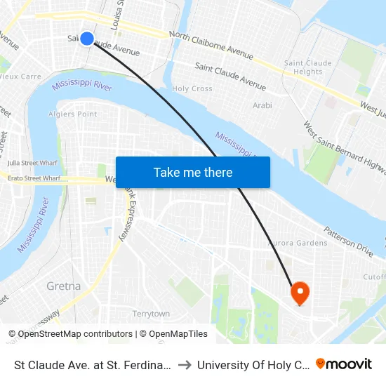 St Claude Ave. at St. Ferdinand St. to University Of Holy Cross map