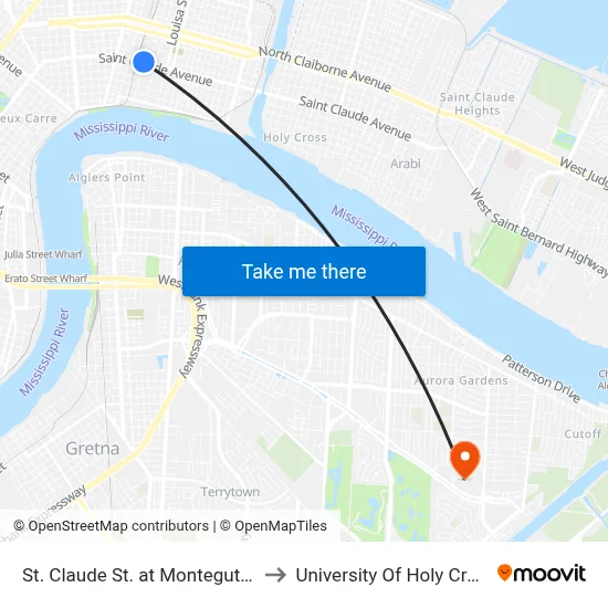 St. Claude St. at Montegut St. to University Of Holy Cross map
