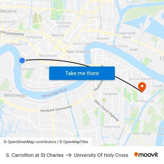 S. Carrollton at St Charles to University Of Holy Cross map