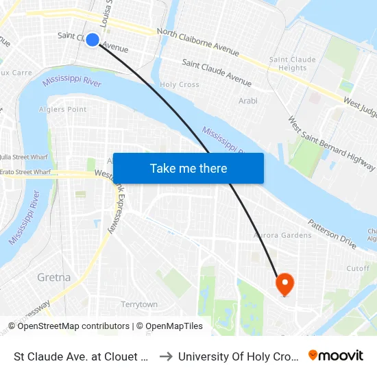 St Claude Ave. at Clouet St. to University Of Holy Cross map
