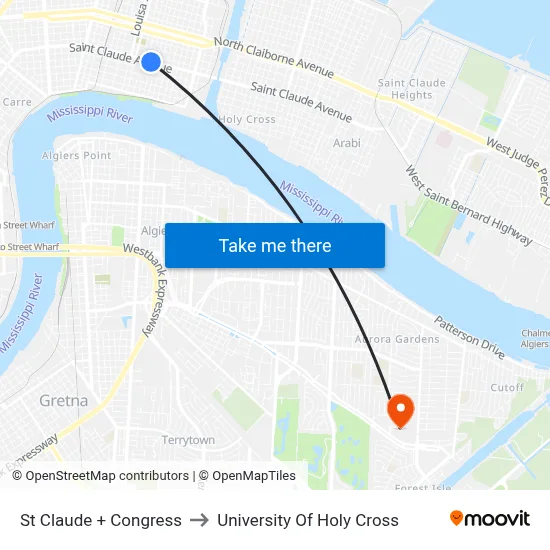 St Claude + Congress to University Of Holy Cross map