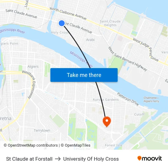 St Claude at Forstall to University Of Holy Cross map