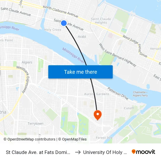 St Claude Ave. at Fats Domino Ave. to University Of Holy Cross map