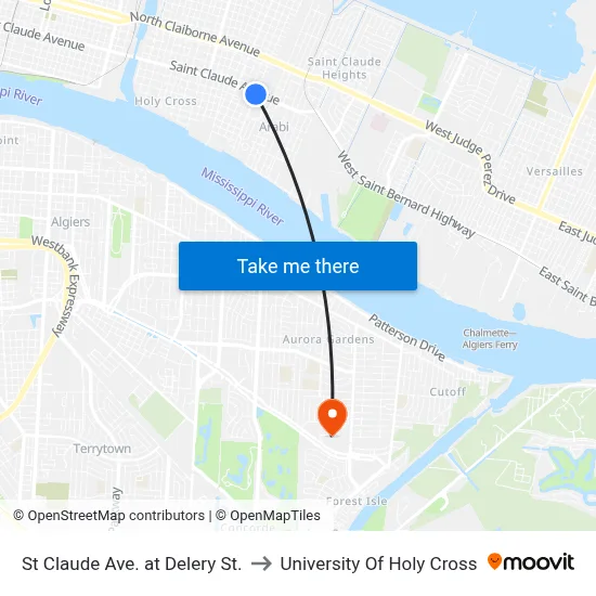 St Claude Ave. at Delery St. to University Of Holy Cross map