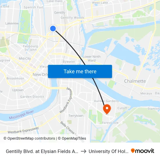 Gentilly Blvd. at Elysian Fields Ave. (Farside) to University Of Holy Cross map