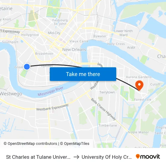 St Charles at Tulane University to University Of Holy Cross map