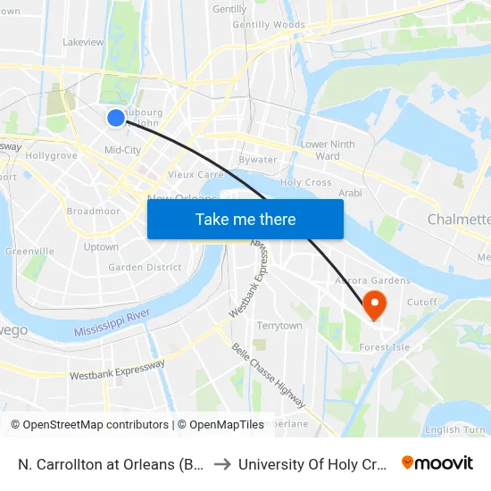 N. Carrollton at Orleans (Bus) to University Of Holy Cross map