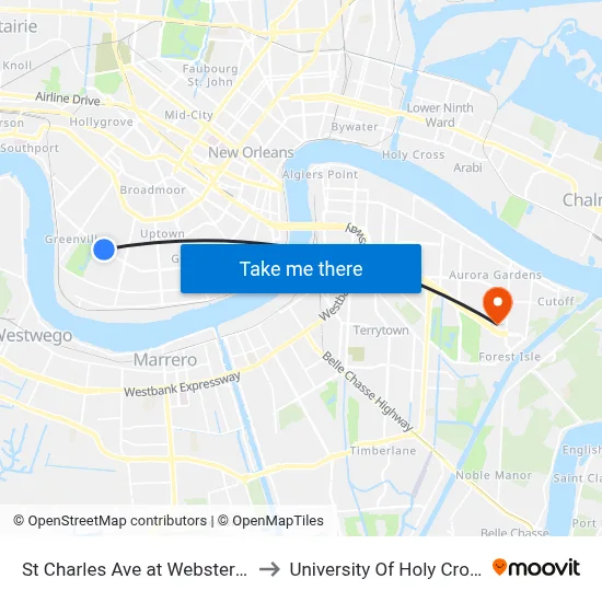 St Charles Ave at Webster St to University Of Holy Cross map