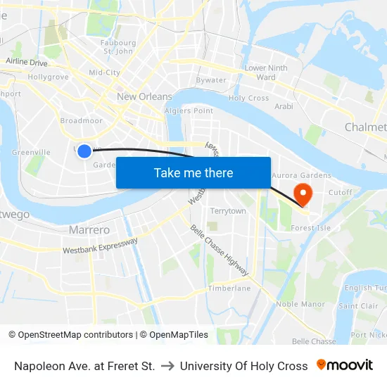Napoleon Ave. at Freret St. to University Of Holy Cross map