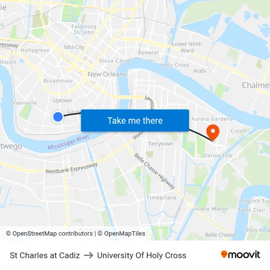 St Charles at Cadiz to University Of Holy Cross map