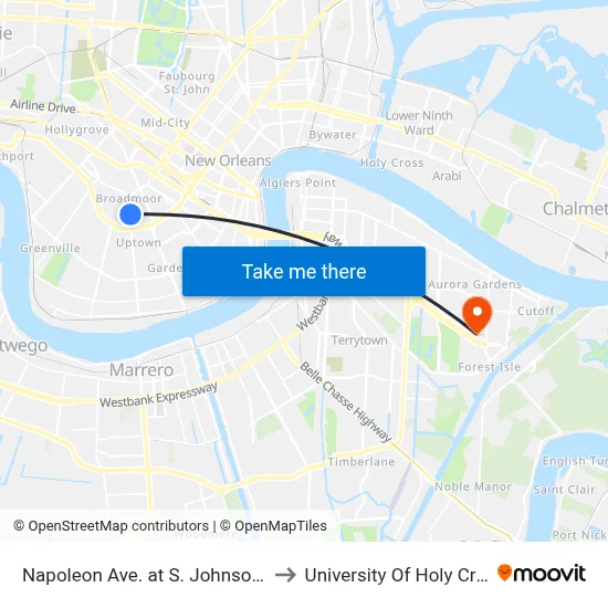 Napoleon Ave. at S. Johnson St. to University Of Holy Cross map