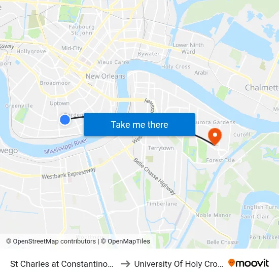 St Charles at Constantinople to University Of Holy Cross map