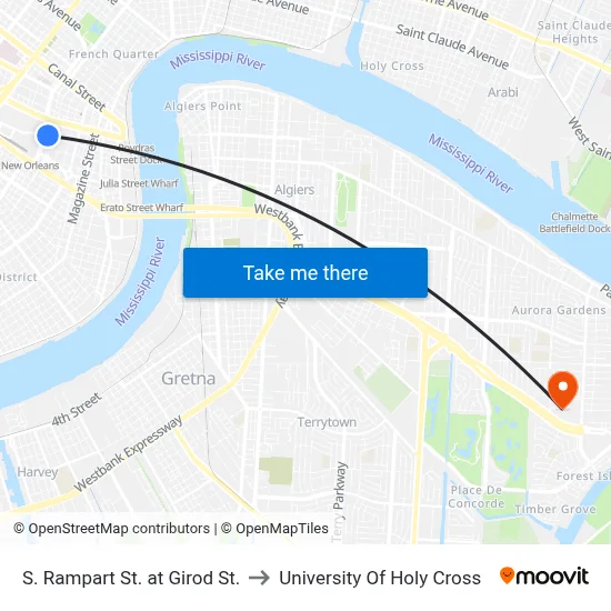 S. Rampart St. at Girod St. to University Of Holy Cross map