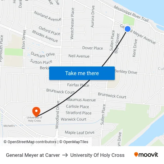 General Meyer at Carver to University Of Holy Cross map