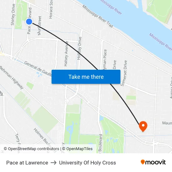 Pace at Lawrence to University Of Holy Cross map