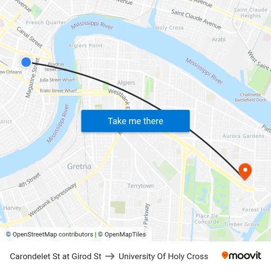 Carondelet St at Girod St to University Of Holy Cross map