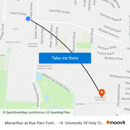 Macarthur at Rue Parc Fontaine to University Of Holy Cross map