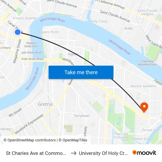 St Charles Ave at Common St to University Of Holy Cross map