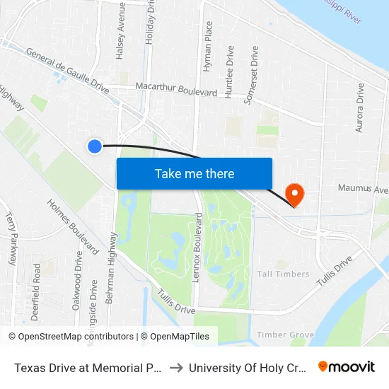 Texas Drive at Memorial Park to University Of Holy Cross map